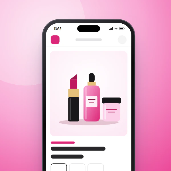 Ilustración de un labial, un sérum y un pote de crema, en la pantalla de un celular
