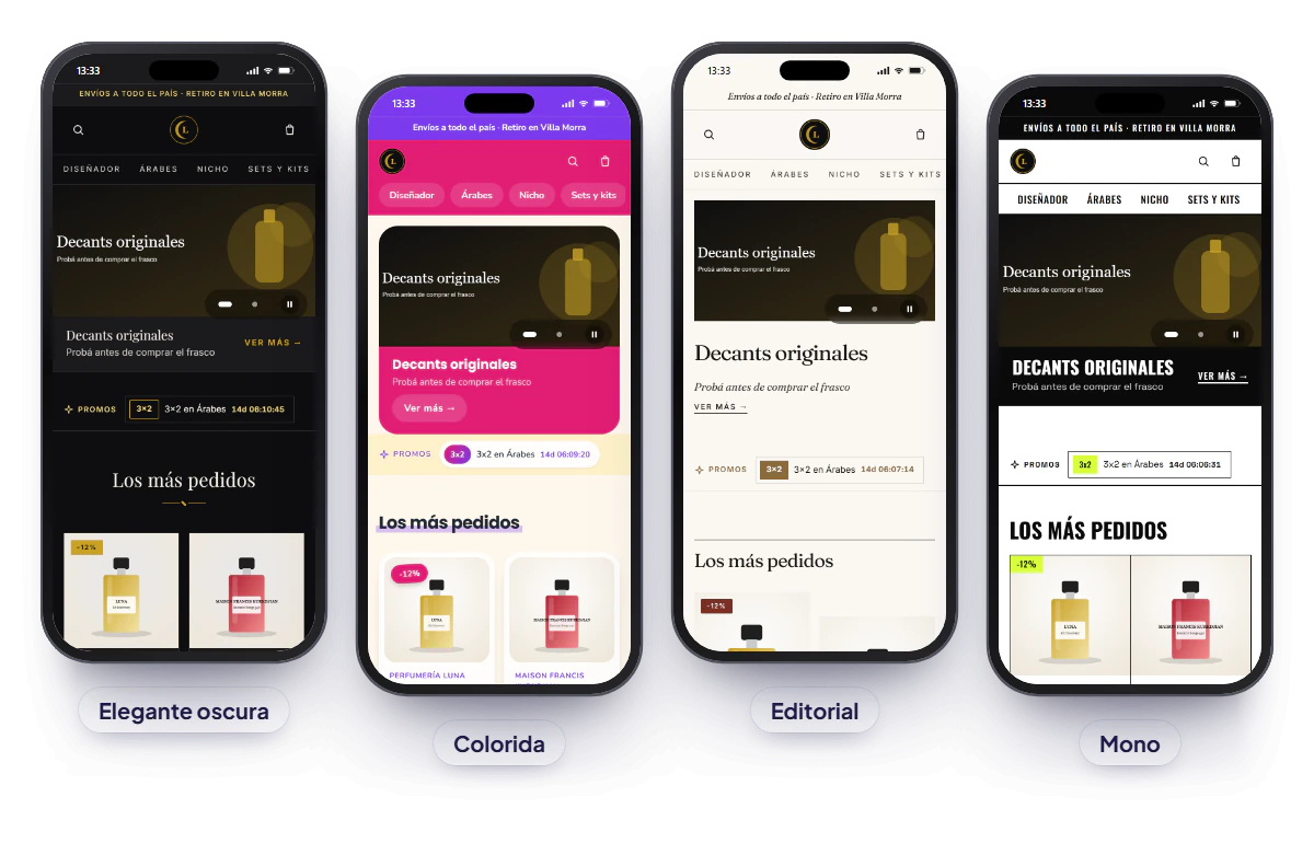 La misma tienda vista en cuatro plantillas de EjoguApp: Elegante oscura, Colorida, Editorial y Mono