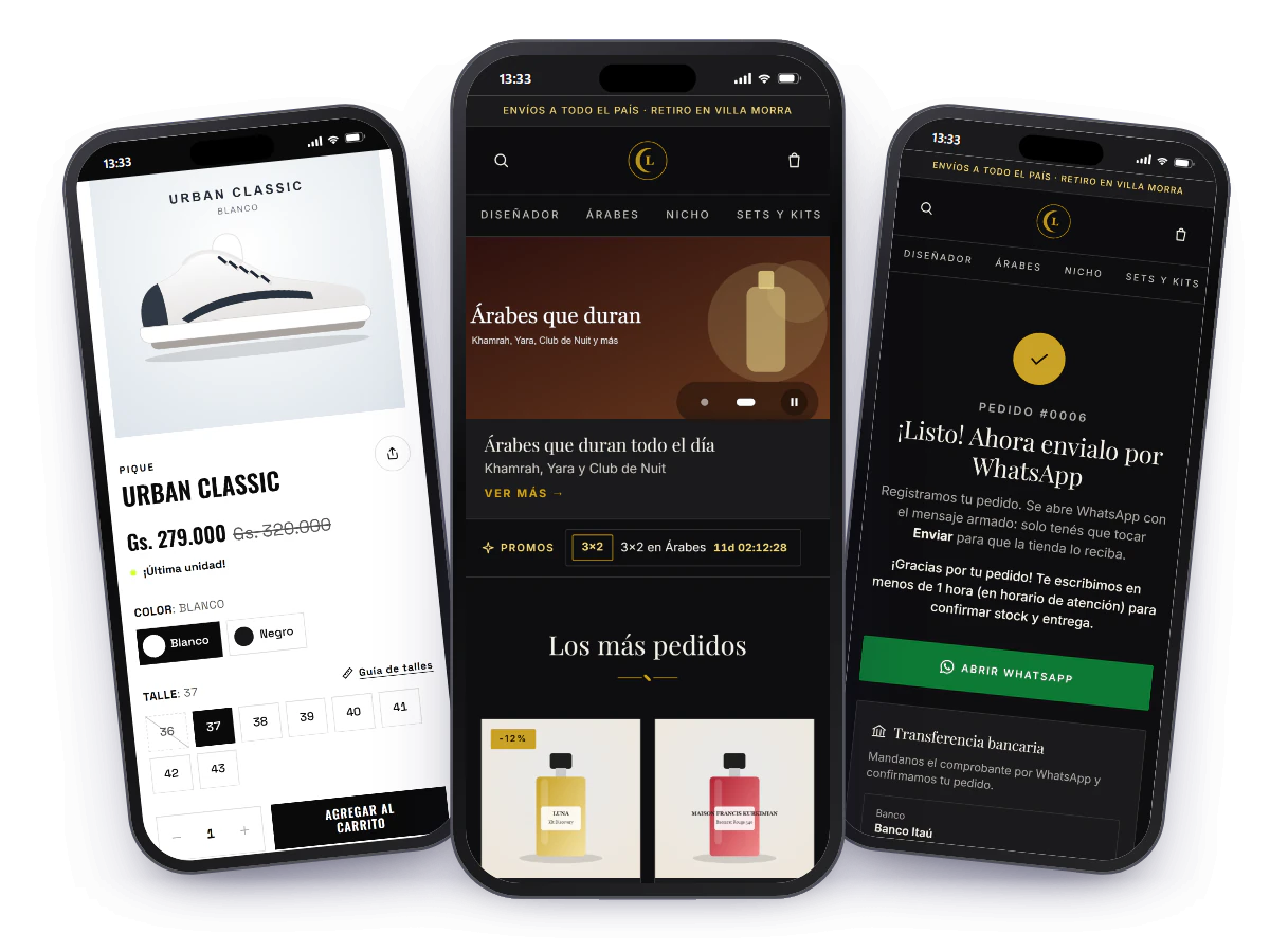 Tres celulares con tiendas hechas con EjoguApp: unas zapatillas con elección de color y talle, la portada de Perfumería Luna y la pantalla que confirma el pedido para enviarlo por WhatsApp